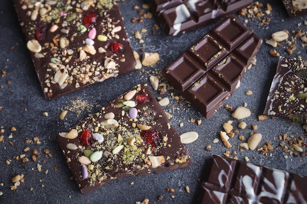 Handmade chocolate with nuts and dried fruits, Chocolatier, Sweet gifts, Valentine's Day, White Day, Howaito day, Closeup, Selective focus