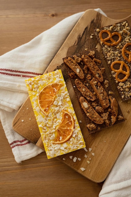 Handmade chocolate on a wooden tray