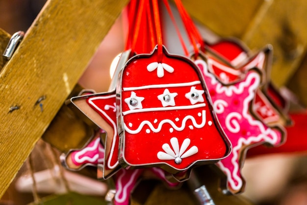 Photo handmade christmas ornaments for sale at the local craft market.