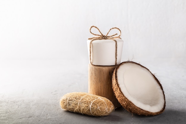 Handmade coconut soap bar on grey