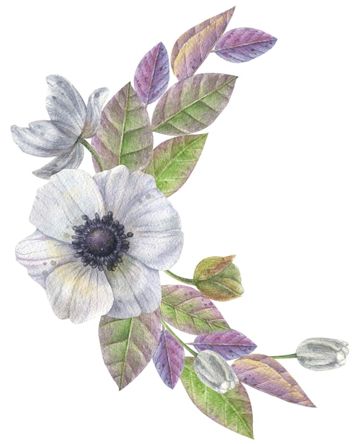 Handmade composition of white anemone and bright green purple leaves