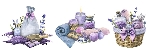 Handmade cosmetics bath salts soap candles bath bombs Watercolor illustration A set of compositions from the LAVENDER SPA collection For the design and design of the logo the menu of the salon