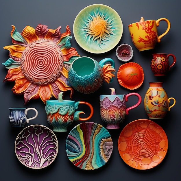 Handmade decorative ceramic tableware Colorful empty craft ceramic plates Generative AI