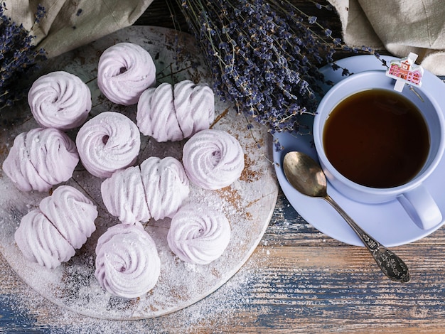 Handmade Delicious marshmallows with lavender flavor. Close-up