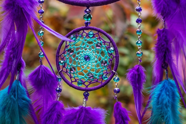 Handmade dream catcher with feathers threads and beads rope hanging