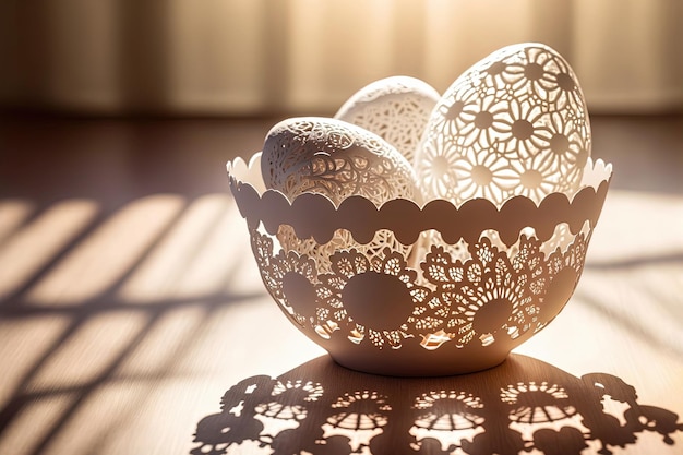 Handmade Easter eggs with white lace floral design on table