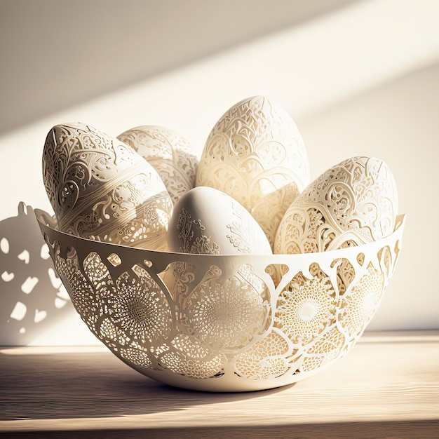 Handmade Easter eggs with white lace floral design on table