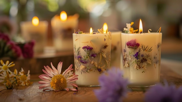 Photo handmade floral candles on rustic wooden surface perfect for home decoration and gifts