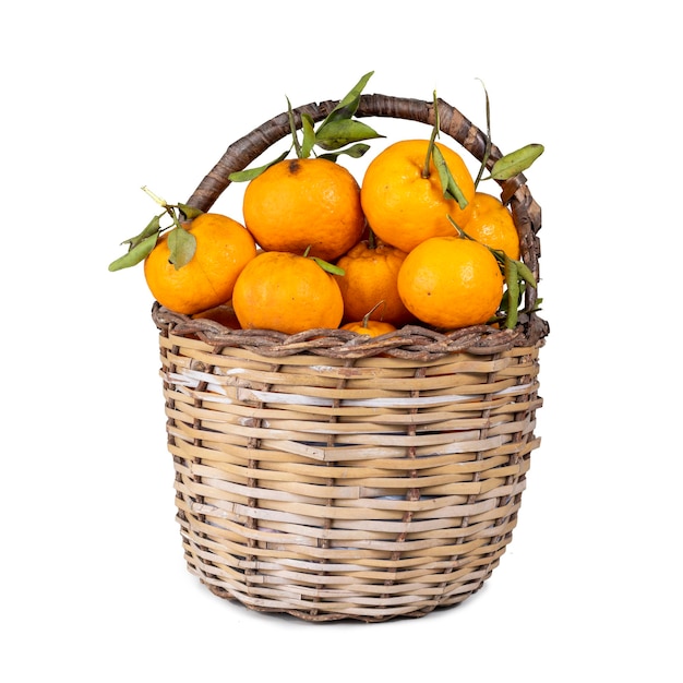 Handmade fruit basket full of pokan tangerine isolated on white