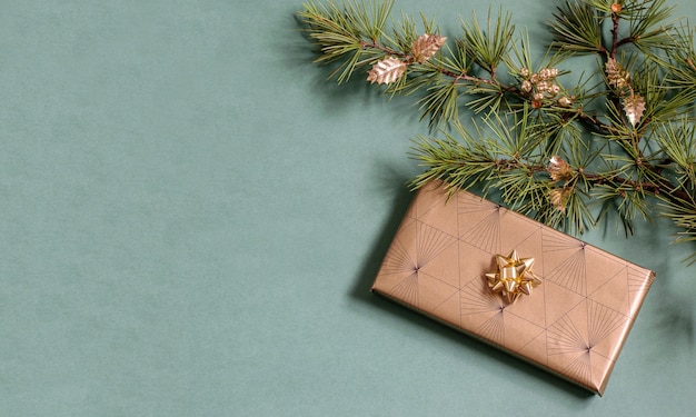 Handmade gift box wrapped in sparkle eco friendly paper, christmas tree branch with shining baubles.