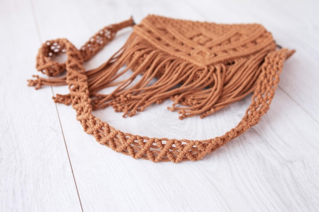 Handmade macrame cotton srossbody bag Eco bag for women from cotton rope Scandinavian style bag Brown color sustainable fashion accessories Details Close up image