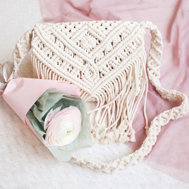 Handmade macrame cotton srossbody bag Eco bag for women from cotton rope with gentle flower Scandinavian style bag Pink tones sustainable fashion accessories