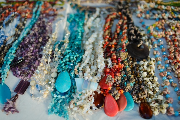 Handmade necklaces made of precious stones Sale of accessories in a Mexican market