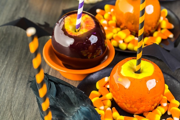 Handmade orange candy apples for Halloween.