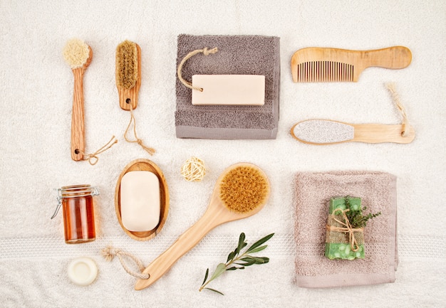 Handmade organic natural soap, dry shampoo, brushes, bathroom accessories, eco friendly spa, beauty skincare concept. 