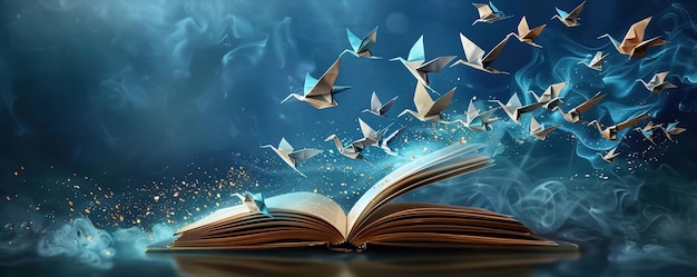 Handmade paper creations come to life with a flock of origami birds flying out from the pages of an open book into a dark enchanting space