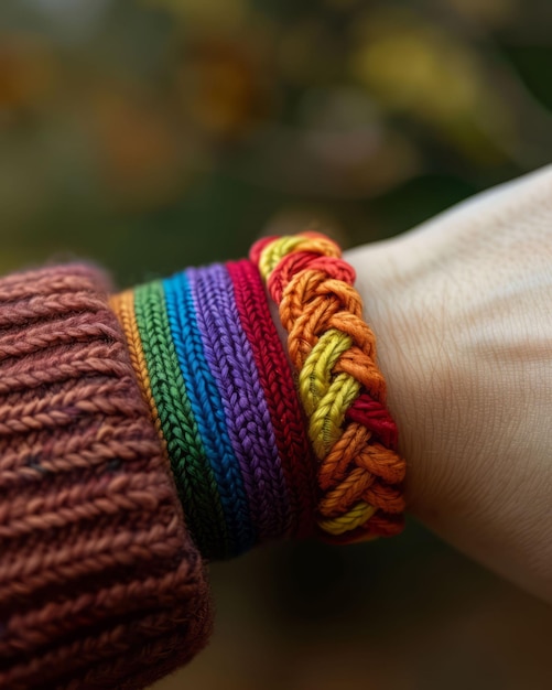 Handmade rainbow and orange bracelets on a womans wrist