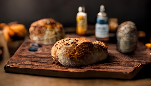 Handmade rustic italian bread baked on the rustic wooden table gourmet bakery backdrop Illustration