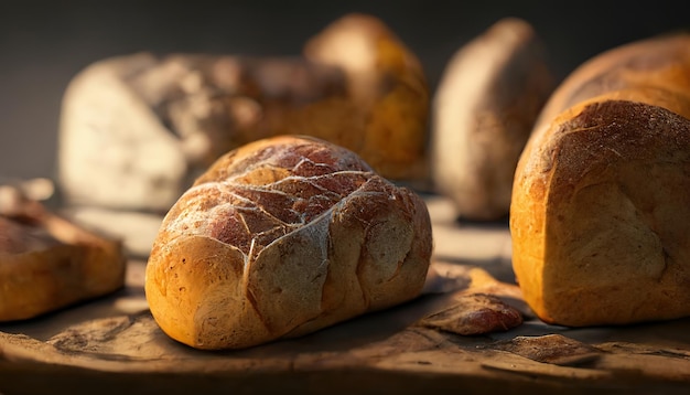 Handmade rustic italian bread baked on the rustic wooden table gourmet bakery backdrop Illustration