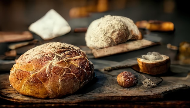 Handmade rustic italian bread baked on the rustic wooden table gourmet bakery backdrop Illustration