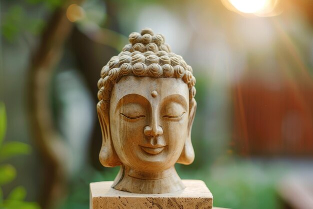 Handmade sandstone Buddha head statue with Buddhist faith background