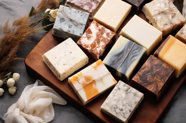 Handmade soap bars arranged in a flat layout in a bathroom