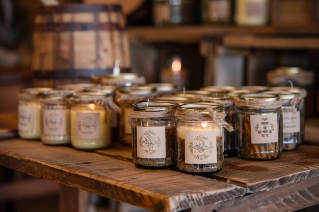 Handmade Soy Candles in Glass Jars on Rustic Wooden Table for Gift and Home Decor