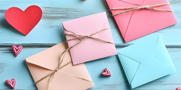 Photo handmade valentines day cards with colorful envelopes