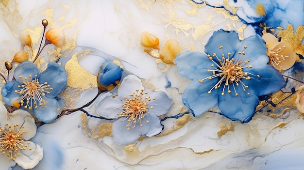 Handmade watercolor alcohol inks flowers with blue and gold Generative AI