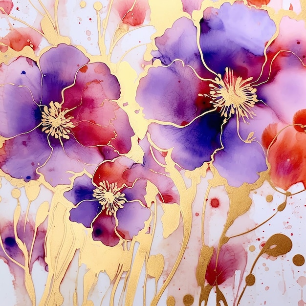 Handmade watercolor alcohol inks flowers with purple Generative AI