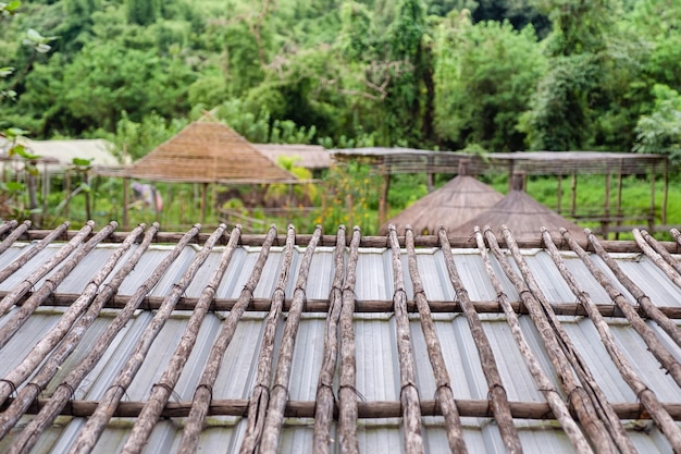 Handmade wooden roof of cottage in garden