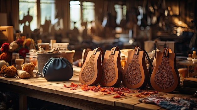 Photo handmade wooden souvenirs in traditional workshop