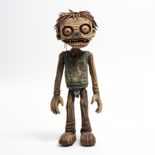 Handmade Wooden Zombie Figure On White Background