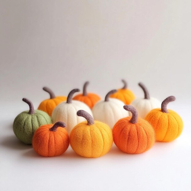 Photo handmade wool felt pumpkins arranged in a charming autumn display