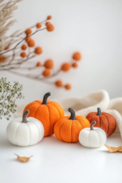 Photo handmade wool felt pumpkins arranged in a charming autumn display