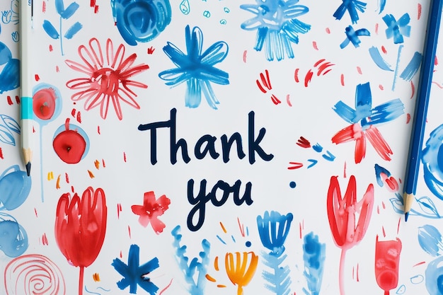 Photo a handpainted card with blue and red flowers and the words thank you in black