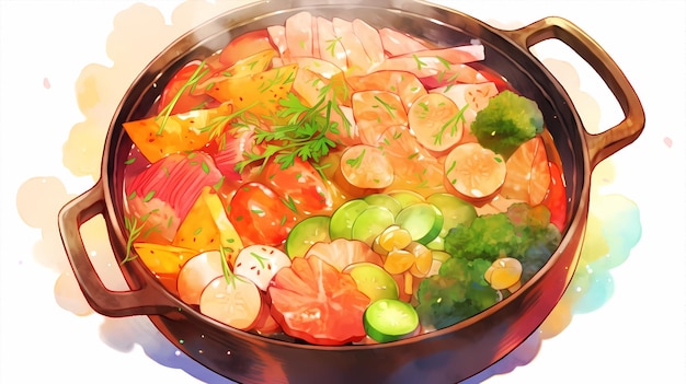 Handpainted cartoon beautiful gourmet hot pot watercolor illustration