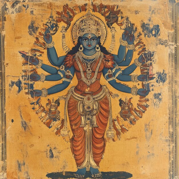 Photo a handpainted depiction of a hindu goddess with multiple arms adorned with jewelry and intricate details set against a yellow background