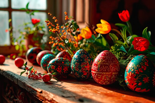 Handpainted Easter eggs and spring flowers arranged to form an Easter centerpiece