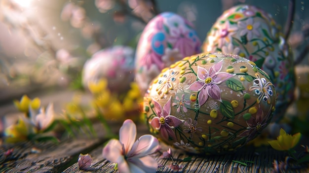 HandPainted Floral Easter Eggs on Rustic Wooden Surface