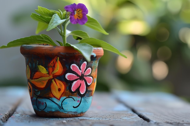 Handpainted flowerpot with vibrant floral design and a blooming purple flower