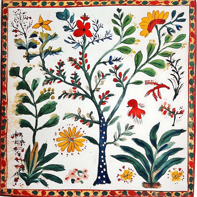 Handpainted Folk Art Floral Design with Bright Colors and Whimsical Details