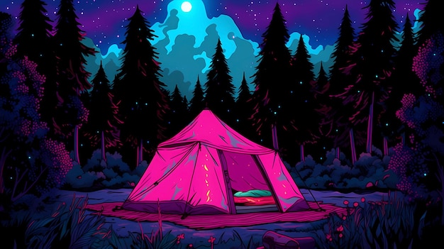 Handpainted illustration of van Gogh's camping tent under the beautiful starry sky