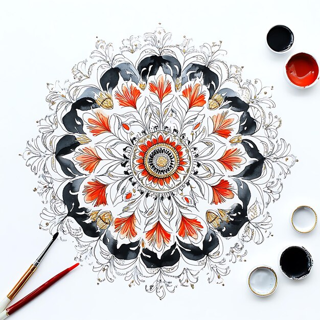 Photo handpainted mandala with red black and gold details and brushes