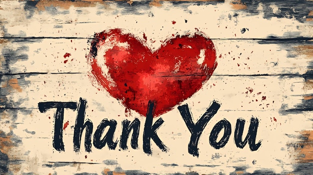 Handpainted red heart and the words Thank You on a distressed weathered wood background