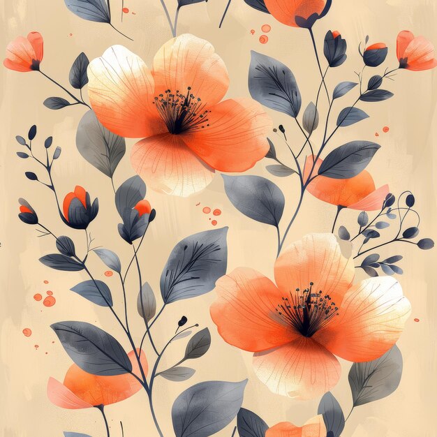 Handpainted seamless pattern with abstract flowers and leaves on a peach background