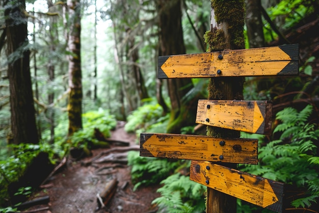 Handpainted wooden signpost in a forest pointing to various hiking trails inviting exploration