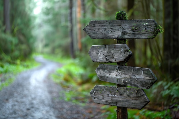 Handpainted wooden signpost in a forest pointing to various hiking trails inviting exploration