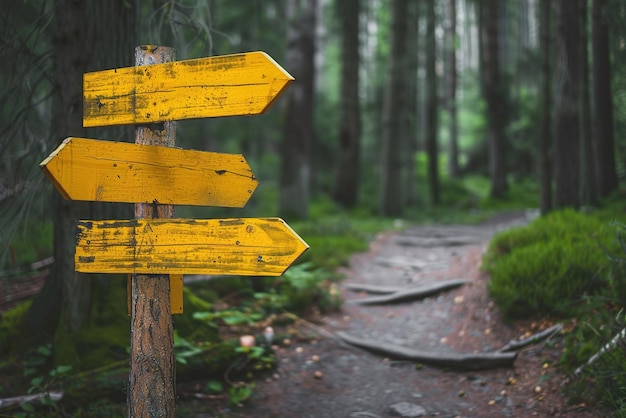 Handpainted wooden signpost in a forest pointing to various hiking trails inviting exploration