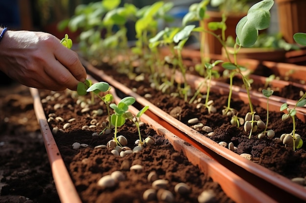 Handplanting bean seeds in the vegetable garden Generative Ai